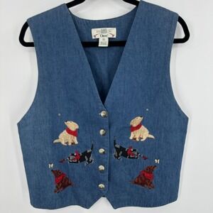 Orvis Vest Womens Medium Blue Denim Embroidered Dog Bandana Button Up Casual Top